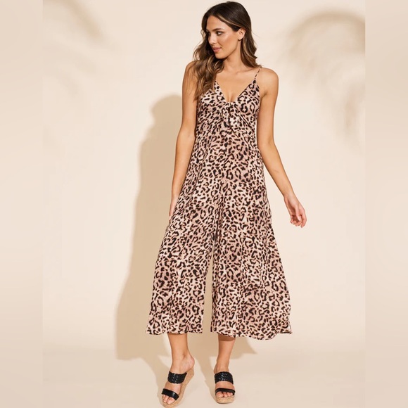 EB&IVE Savannah Leopard Print Tie Front Wide Leg Jumpsuit NWT - Picture 7 of 16
